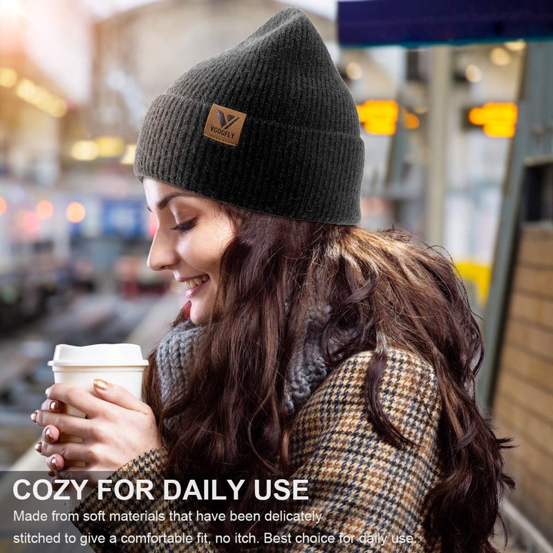 Vgogfly Beanie Men Slouchy Knit Skull Cap Warm Stocking Hats Guys Women Striped Winter Beanie Hat Cuffed Plain Hat Dark Blue - Image 4